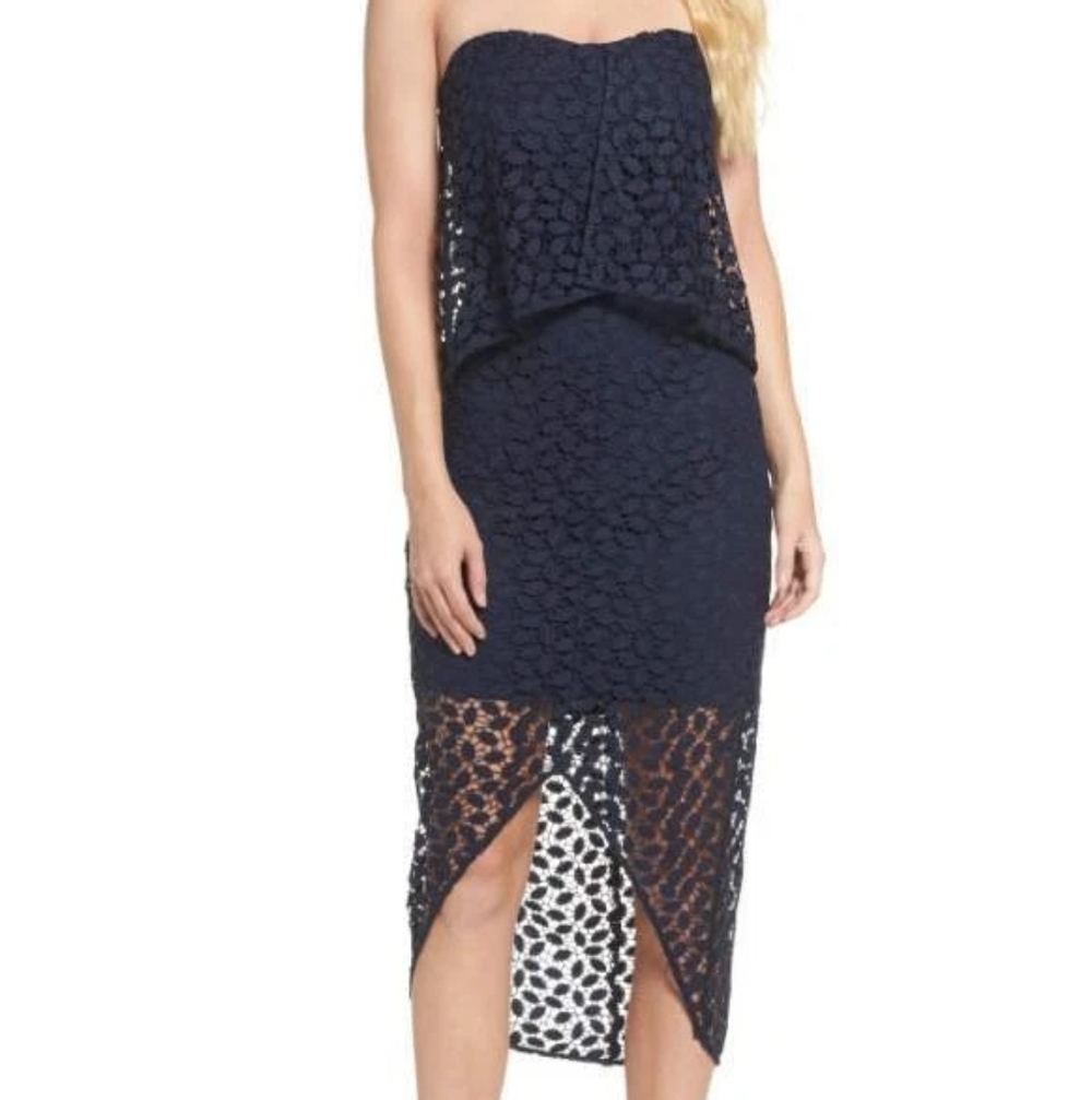 Chelsea28 Eyelet Lace Overlay High Low Cocktail Dress 4 Blue